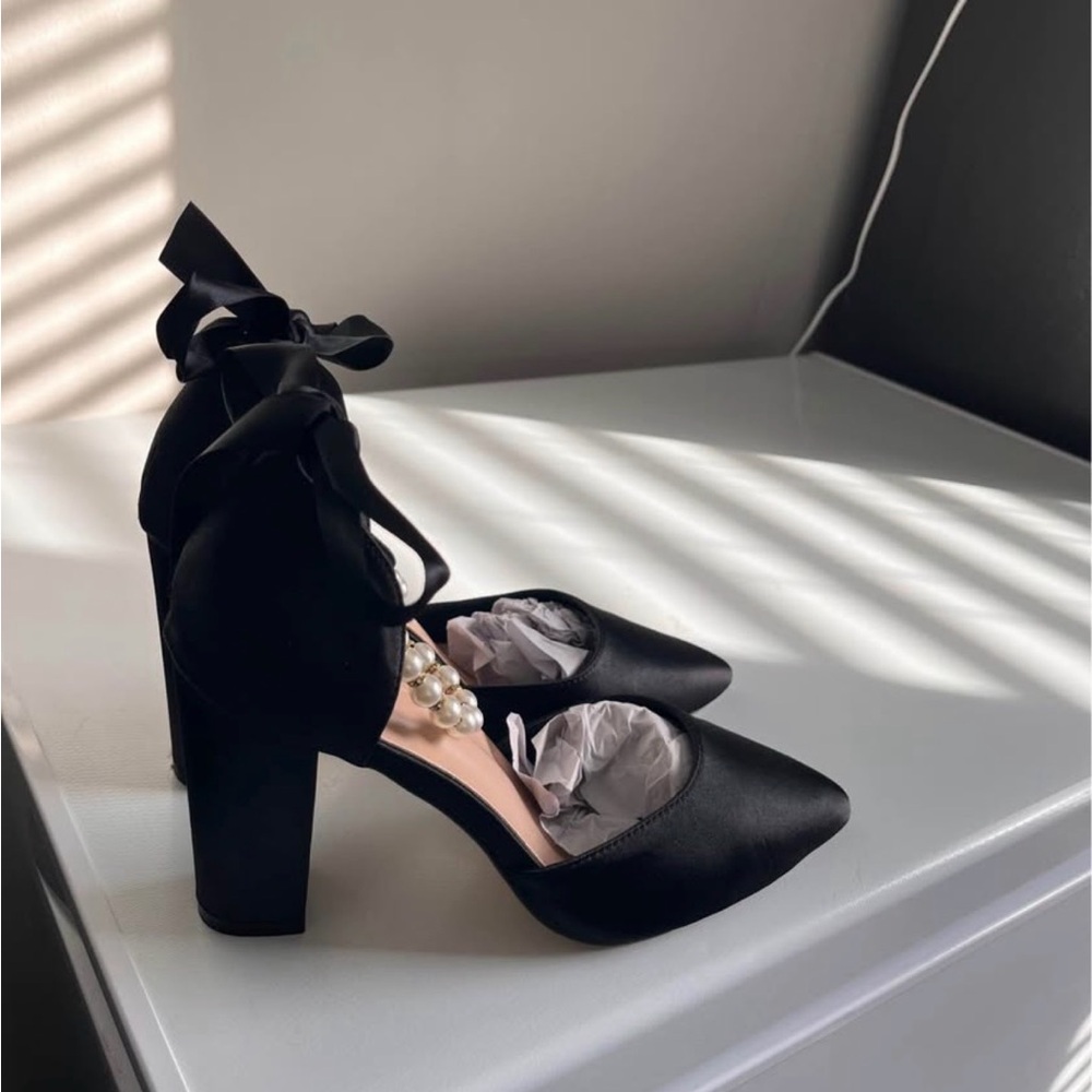 Black Satin Block Heel Pumps with Ankle Tie and Pearl Accent